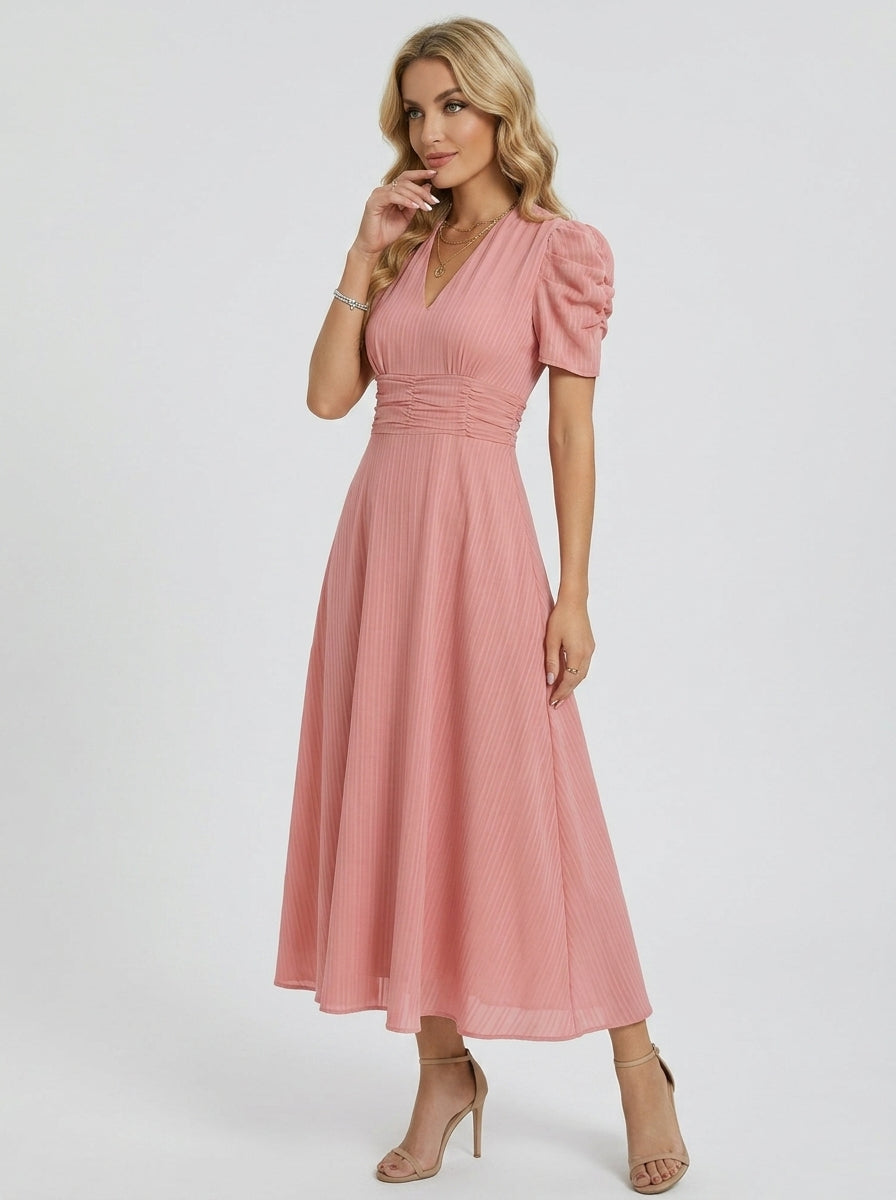 Galina | Women’s V-Neck Midi Dress – Short Sleeve Ruched Waist Flared Dress