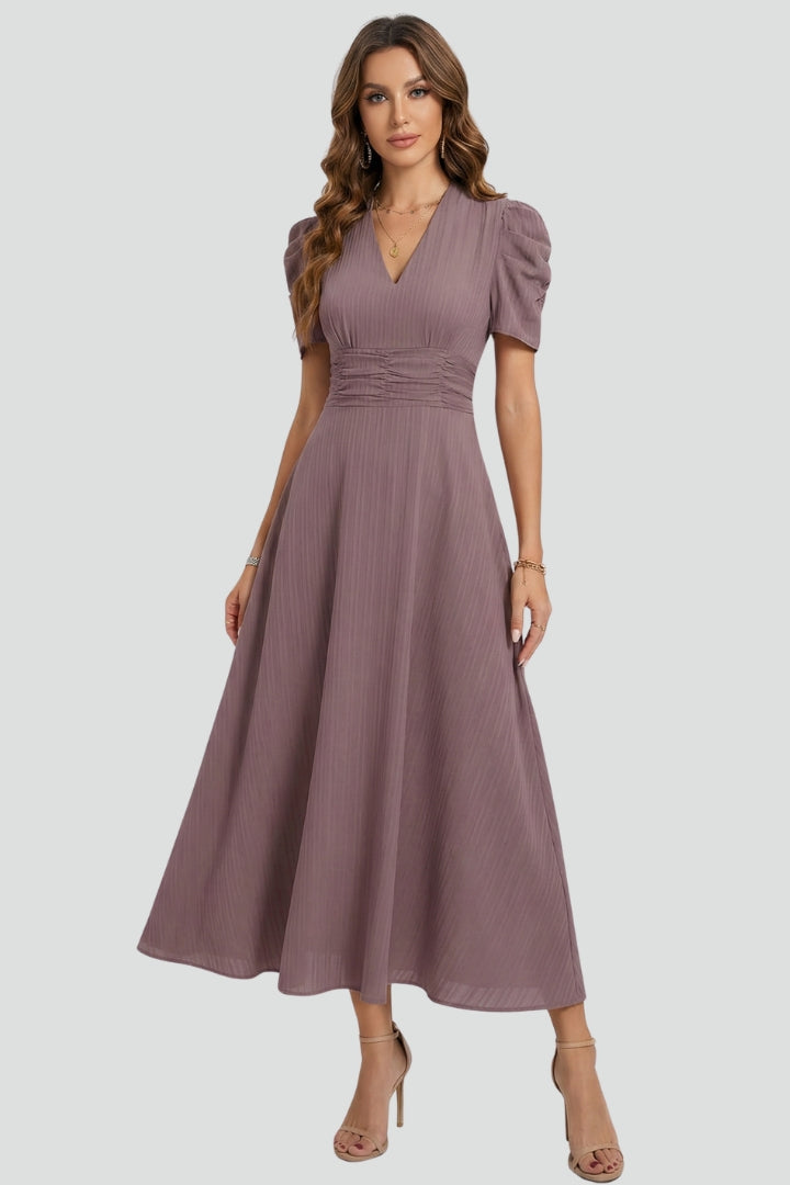 Galina | Women’s V-Neck Midi Dress – Short Sleeve Ruched Waist Flared Dress