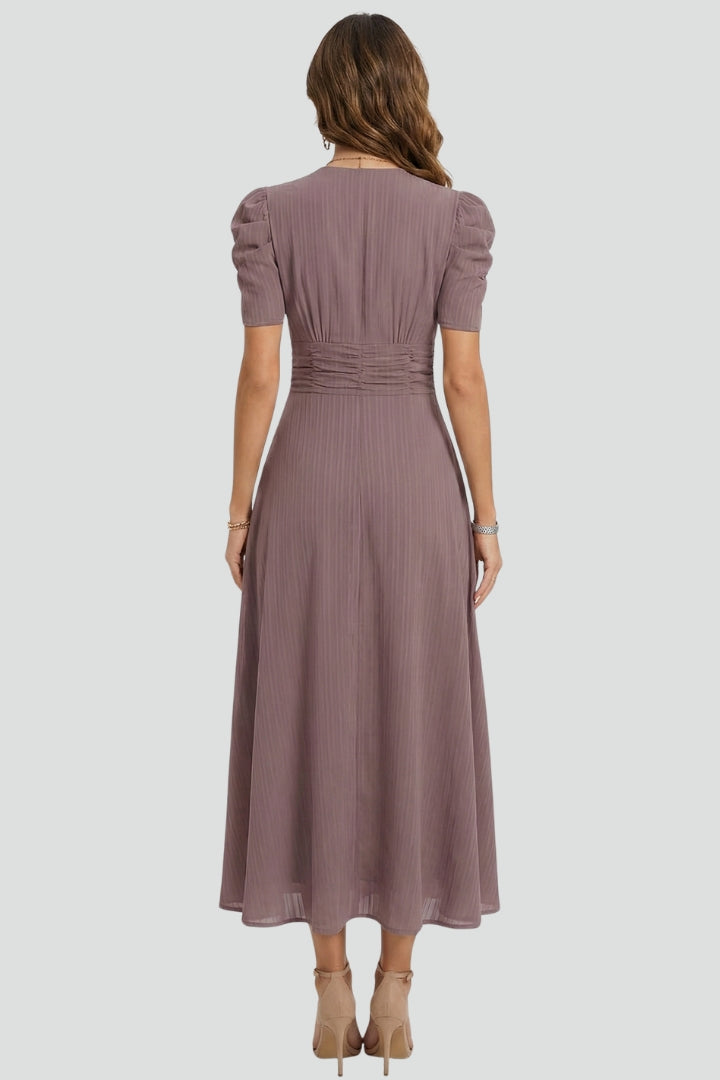 Galina | Women’s V-Neck Midi Dress – Short Sleeve Ruched Waist Flared Dress