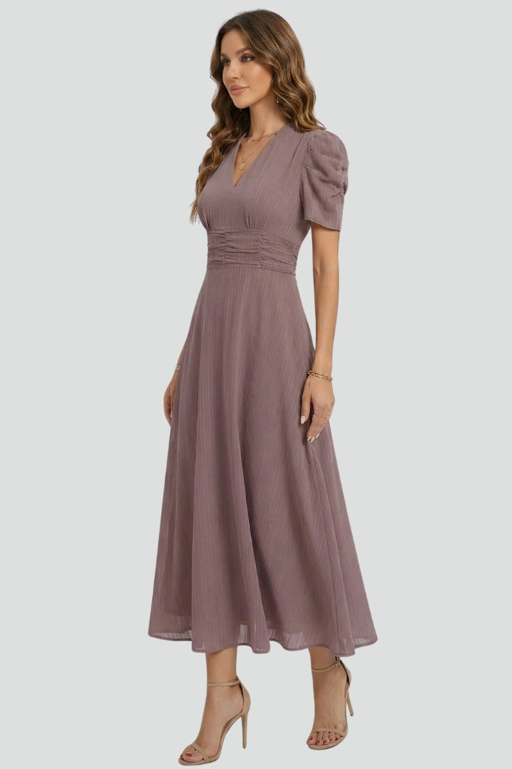 Galina | Women’s V-Neck Midi Dress – Short Sleeve Ruched Waist Flared Dress