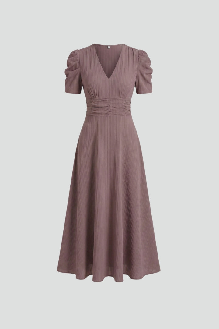 Galina | Women’s V-Neck Midi Dress – Short Sleeve Ruched Waist Flared Dress