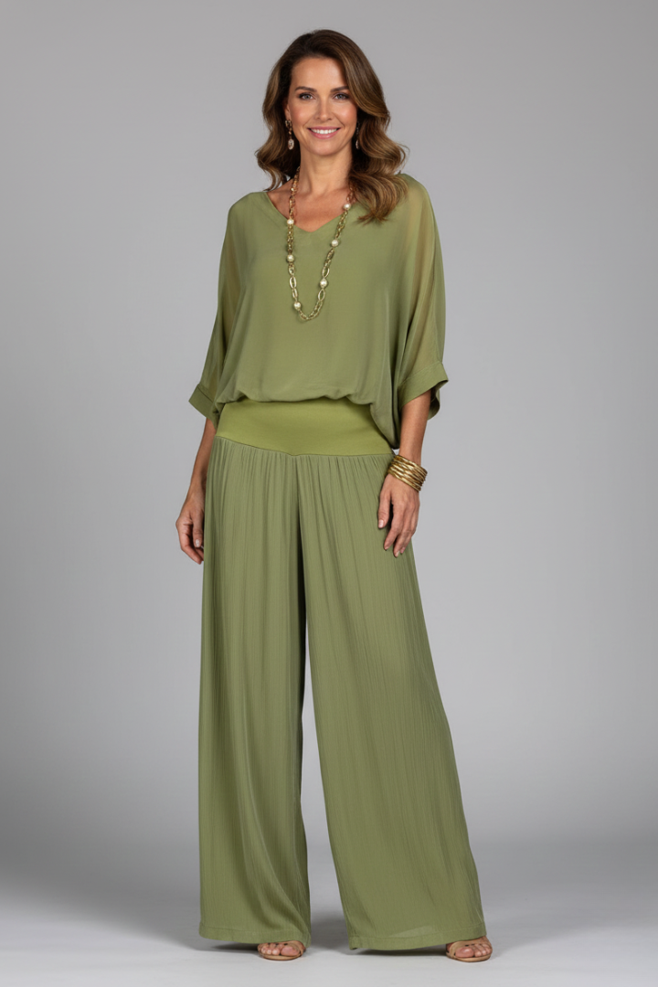 Gena | Women’s Wide-Leg 2-Piece Set – Chiffon Co-Ord Set, Short Sleeve Top