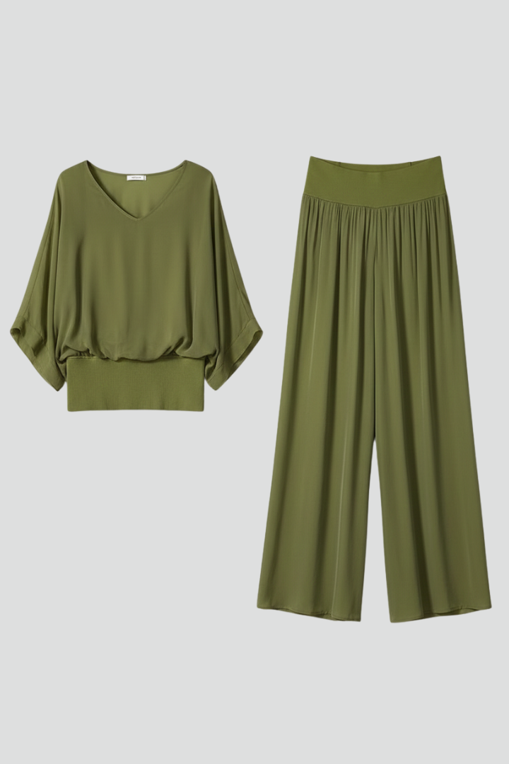 Gena | Women’s Wide-Leg 2-Piece Set – Chiffon Co-Ord Set, Short Sleeve Top