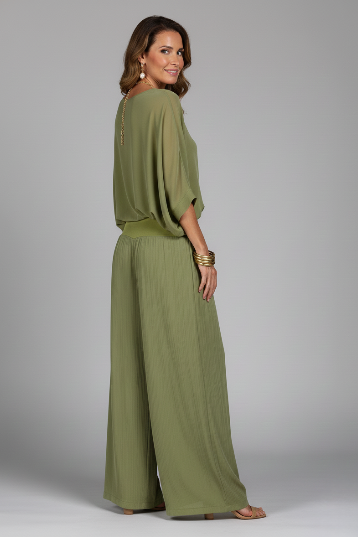 Gena | Women’s Wide-Leg 2-Piece Set – Chiffon Co-Ord Set, Short Sleeve Top