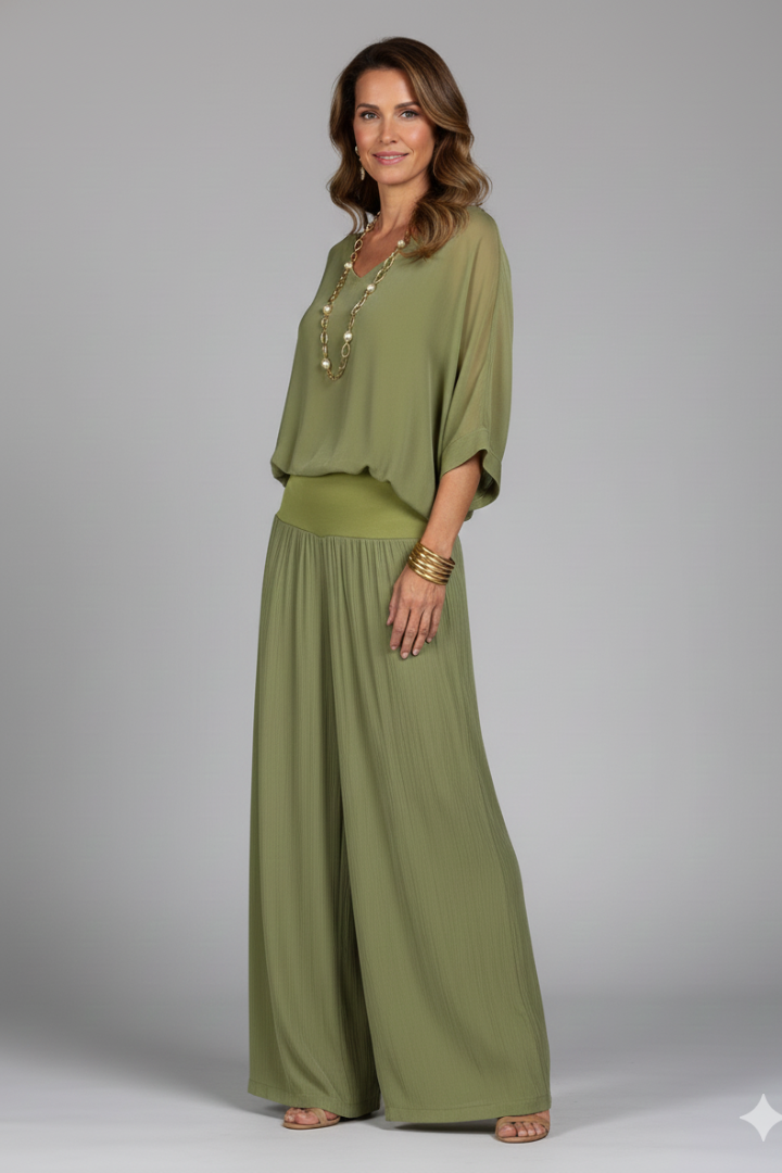 Gena | Women’s Wide-Leg 2-Piece Set – Chiffon Co-Ord Set, Short Sleeve Top