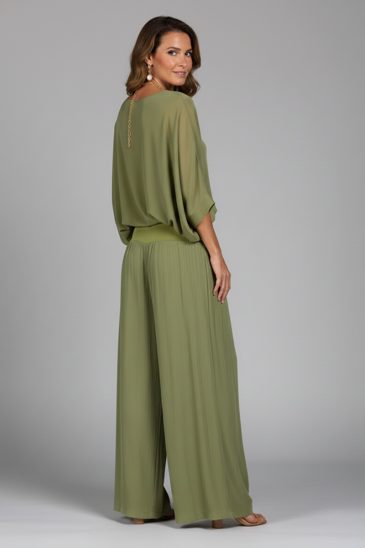 Gena | Women’s Wide-Leg 2-Piece Set – Chiffon Co-Ord Set, Short Sleeve Top
