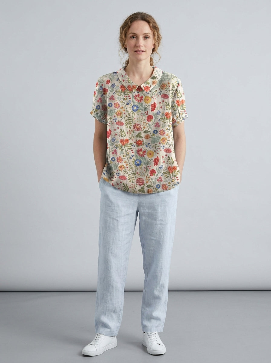 Georgia | Women's Floral Blouse - Lightweight V-Neck Ruffle Sleeve Casual Top