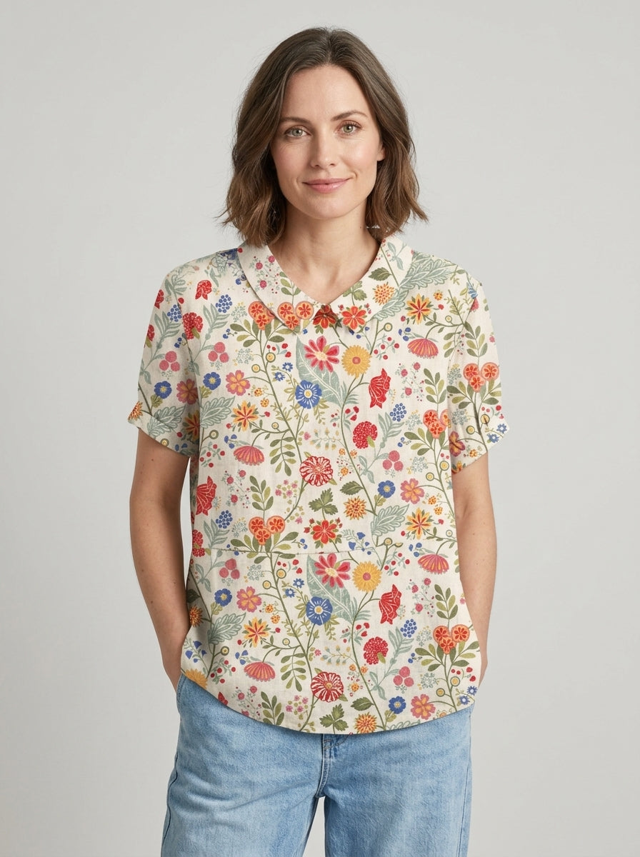 Georgia | Women's Floral Blouse - Lightweight V-Neck Ruffle Sleeve Casual Top