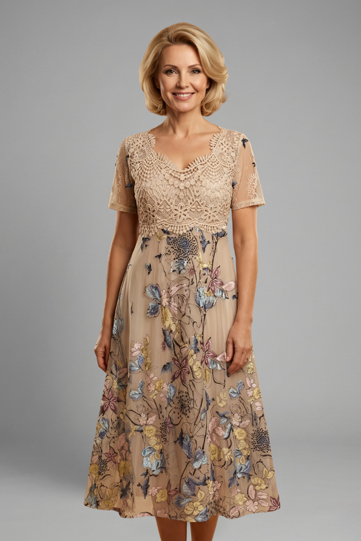 Georgina | Women's V-Neck Lace Midi Dress with Short Sleeves and Fitted Waist