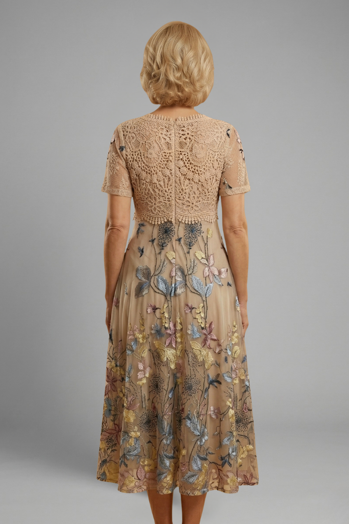 Georgina | Women's V-Neck Lace Midi Dress with Short Sleeves and Fitted Waist
