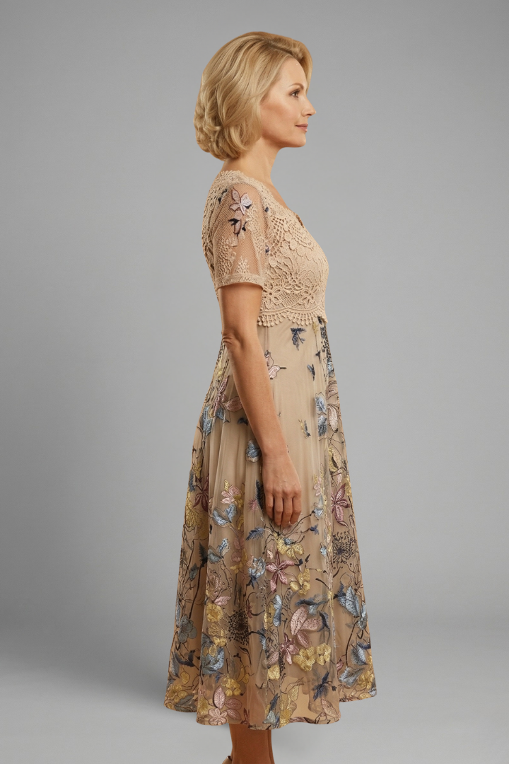 Georgina | Women's V-Neck Lace Midi Dress with Short Sleeves and Fitted Waist