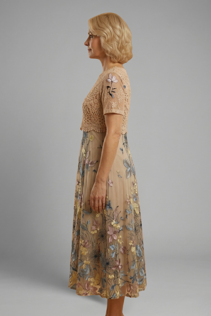 Georgina | Women's V-Neck Lace Midi Dress with Short Sleeves and Fitted Waist
