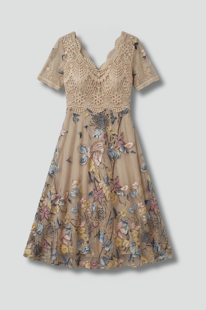 Georgina | Women's V-Neck Lace Midi Dress with Short Sleeves and Fitted Waist