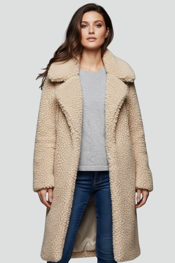 Ginevra | Women’s Long Coat – Textured Surface, Wide Collar, Long Sleeves & Straight Fit