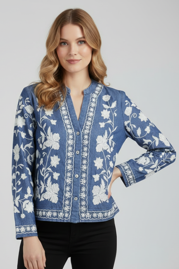 Glyra | Women’s Embroidered Floral Blouse - Button Front, Long Sleeve Boho Layering Top