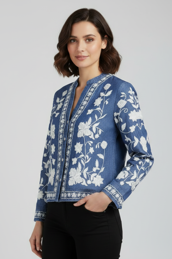 Glyra | Women’s Embroidered Floral Blouse - Button Front, Long Sleeve Boho Layering Top