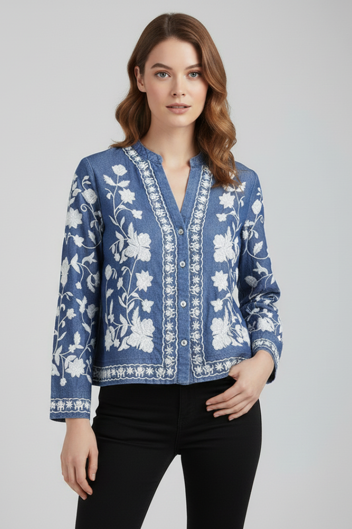 Glyra | Women’s Embroidered Floral Blouse - Button Front, Long Sleeve Boho Layering Top