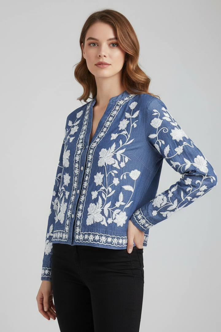 Glyra | Women’s Embroidered Floral Blouse - Button Front, Long Sleeve Boho Layering Top
