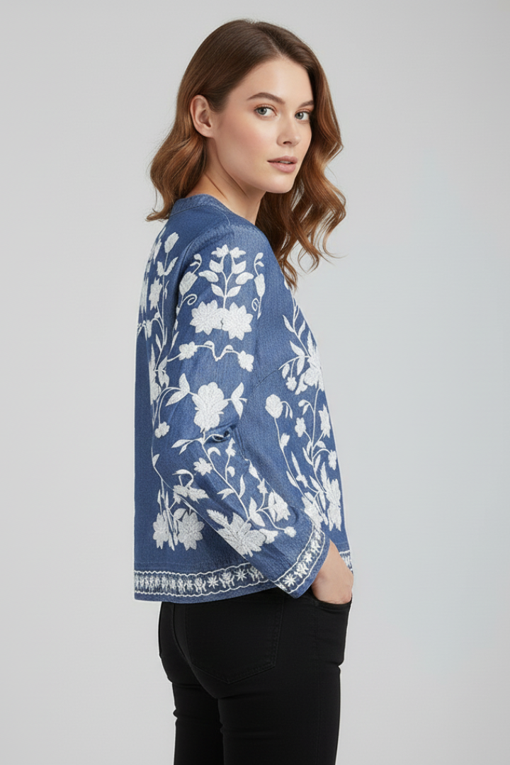 Glyra | Women’s Embroidered Floral Blouse - Button Front, Long Sleeve Boho Layering Top