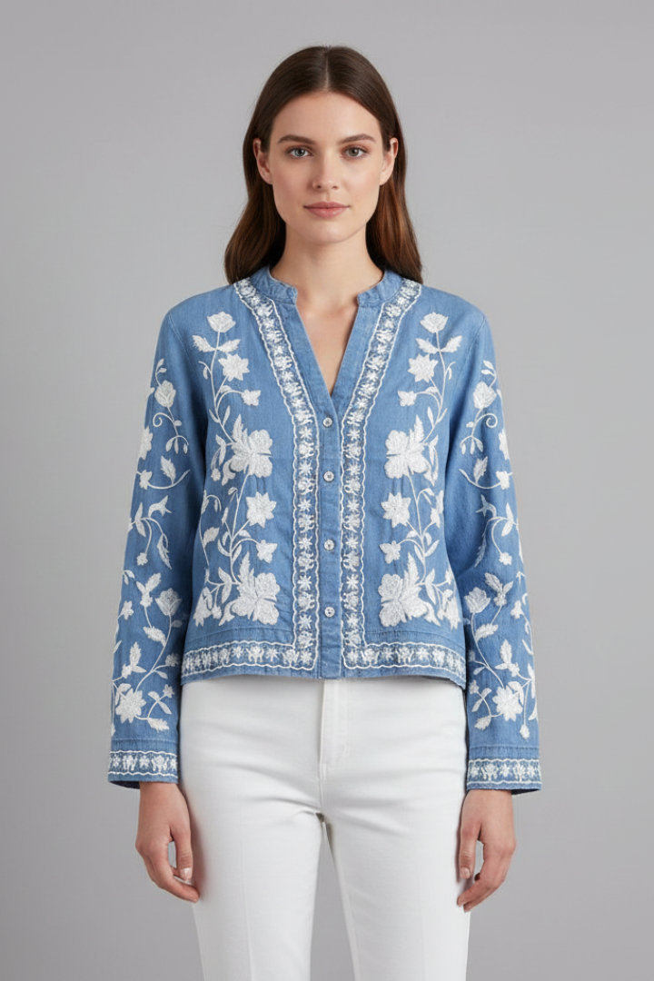 Glyra | Women’s Embroidered Floral Blouse - Button Front, Long Sleeve Boho Layering Top