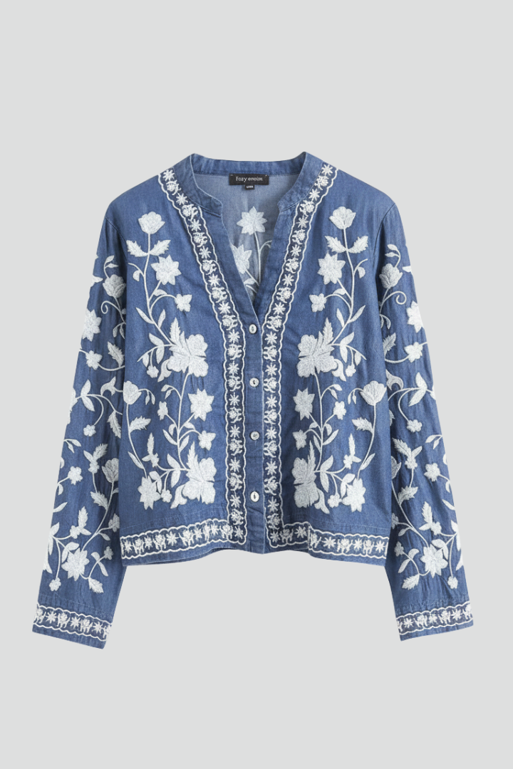 Glyra | Women’s Embroidered Floral Blouse - Button Front, Long Sleeve Boho Layering Top