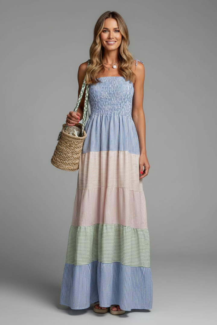 Goldie | Women's Boho Maxi Dress – Sleeveless Round Neck Tiered Printed Dress