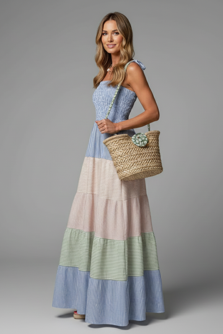 Goldie | Women's Boho Maxi Dress – Sleeveless Round Neck Tiered Printed Dress