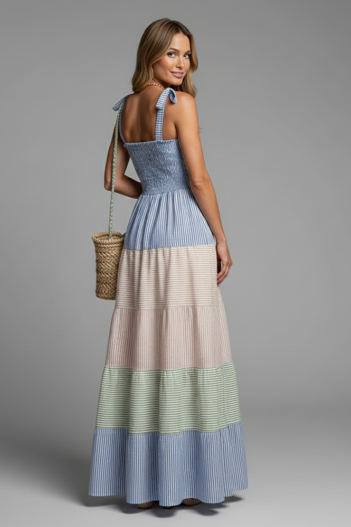 Goldie | Women's Boho Maxi Dress – Sleeveless Round Neck Tiered Printed Dress