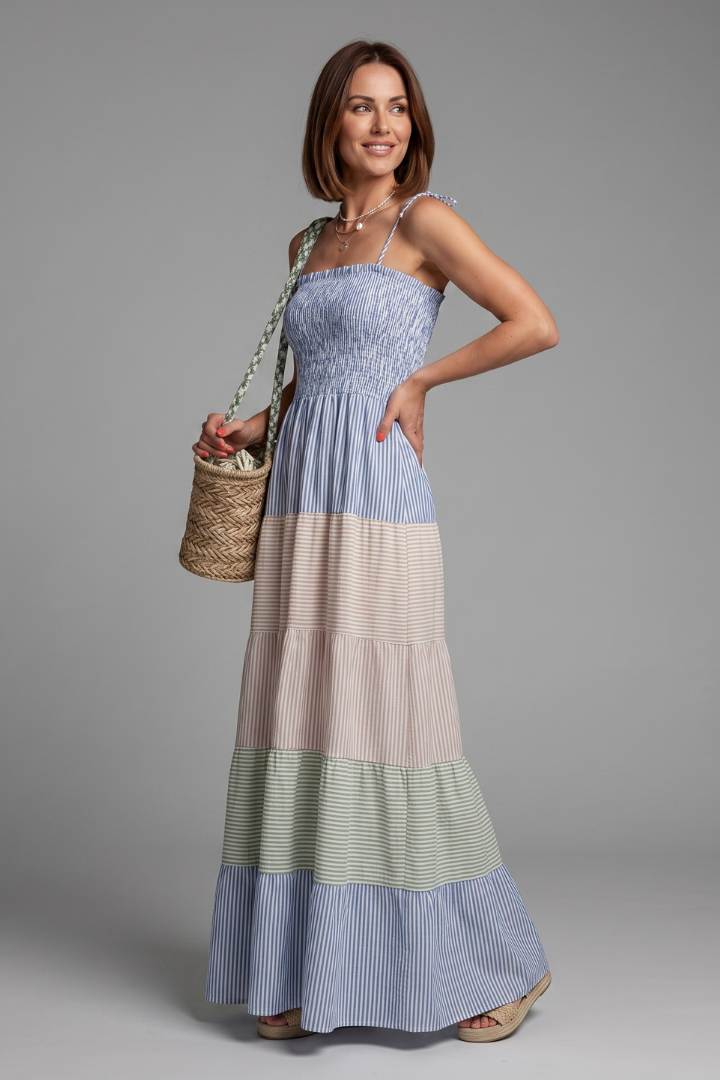 Goldie | Women's Boho Maxi Dress – Sleeveless Round Neck Tiered Printed Dress