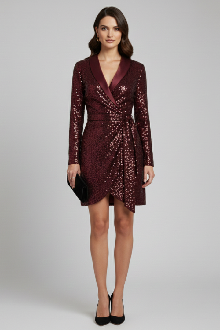 Gretta | Women's Elegant Sequin Wrap Dress – Draped Waist Party Midi Dress
