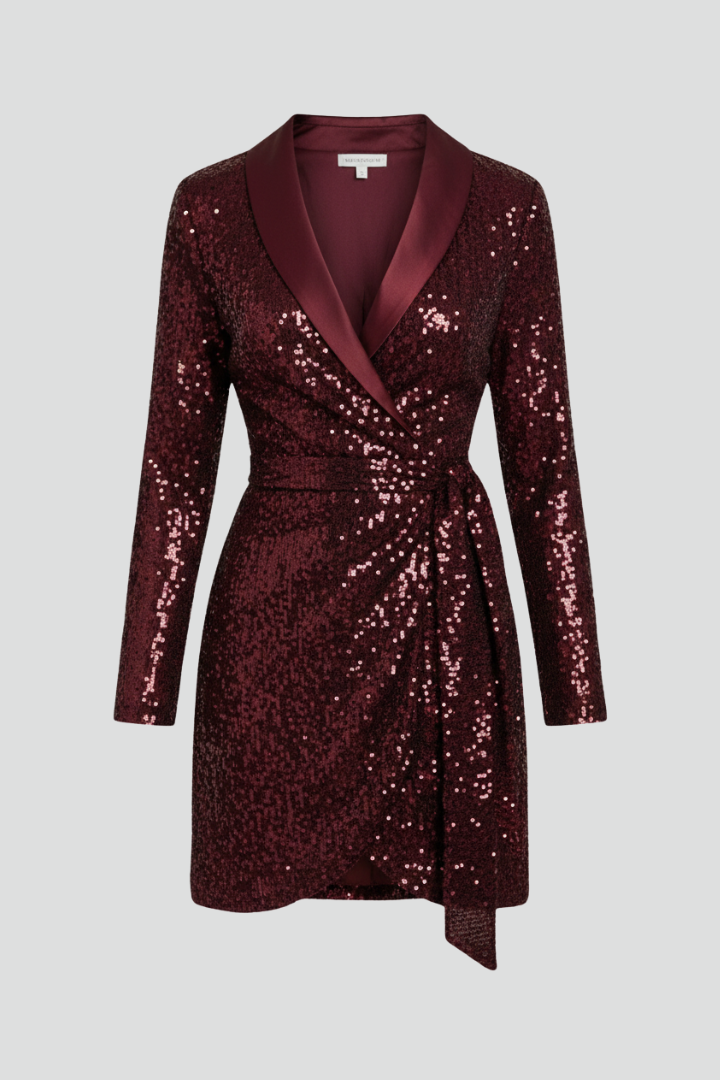 Gretta | Women's Elegant Sequin Wrap Dress – Draped Waist Party Midi Dress