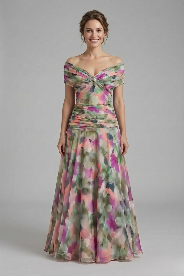 Hallie | Women's V-Neck Maxi Dress – Draped Bodice, Sheer Short Sleeves & Gathered Waist Elegant Long Dress