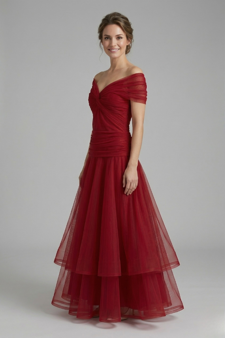 Hallie | Women's V-Neck Maxi Dress – Draped Bodice, Sheer Short Sleeves & Gathered Waist Elegant Long Dress
