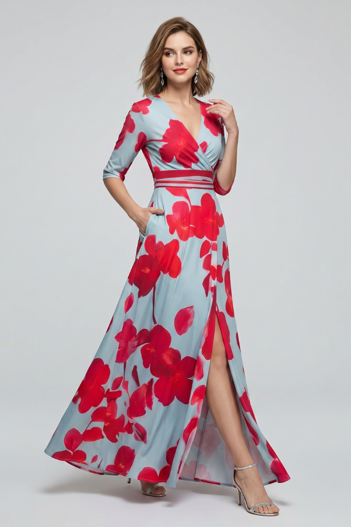 Harlow | Women’s Floral Print Maxi Dress –  Fitted Waist, Midi Sleeve, Flowing Summer Dress