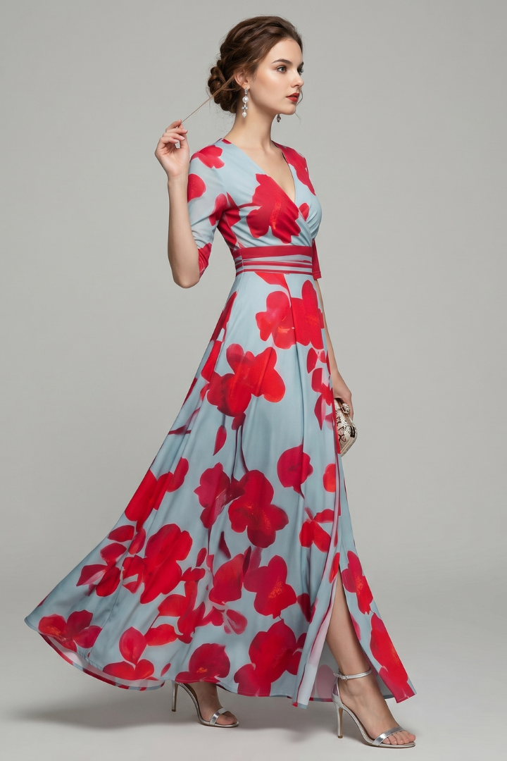 Harlow | Women’s Floral Print Maxi Dress –  Fitted Waist, Midi Sleeve, Flowing Summer Dress