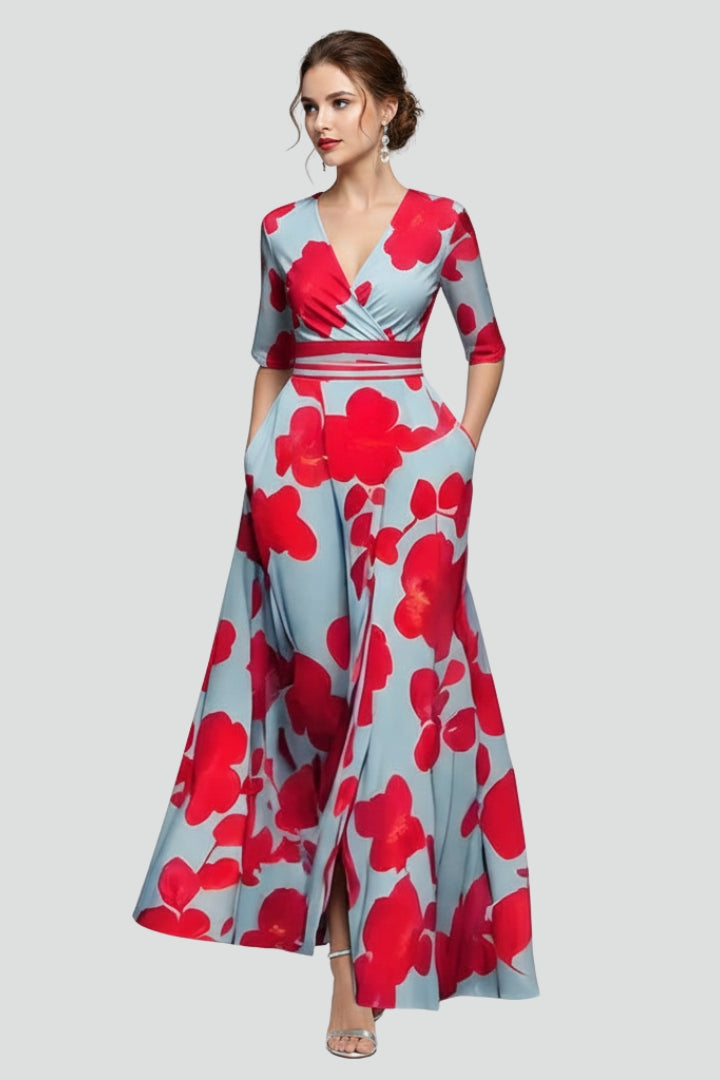 Harlow | Women’s Floral Print Maxi Dress –  Fitted Waist, Midi Sleeve, Flowing Summer Dress