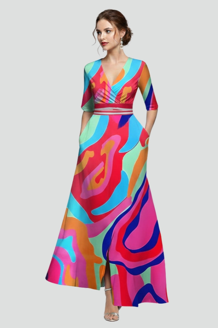 Harlow | Women’s Floral Print Maxi Dress –  Fitted Waist, Midi Sleeve, Flowing Summer Dress