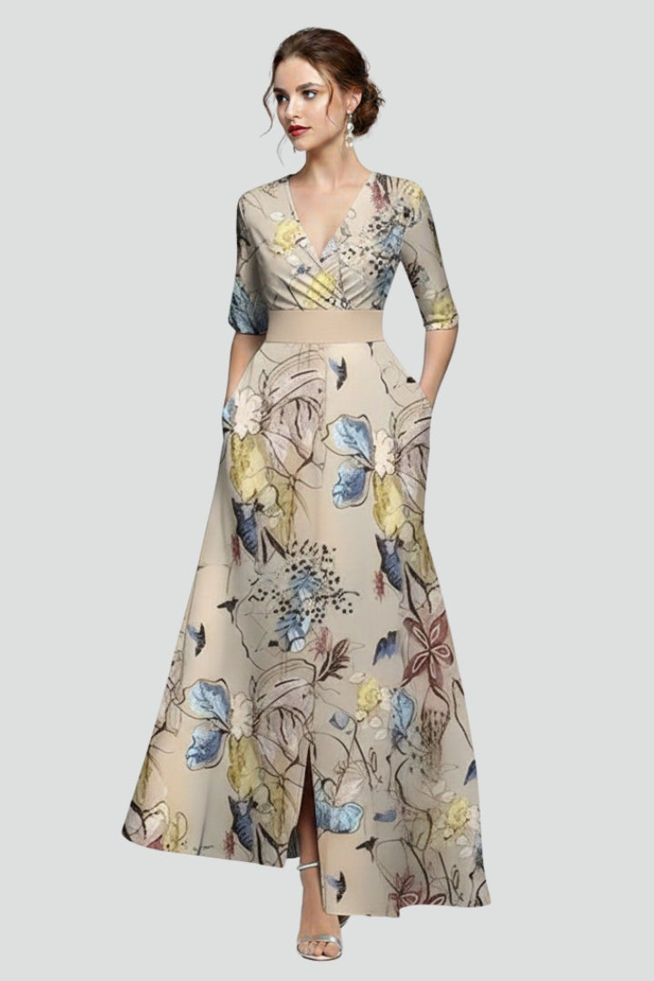 Harlow | Women’s Floral Print Maxi Dress –  Fitted Waist, Midi Sleeve, Flowing Summer Dress