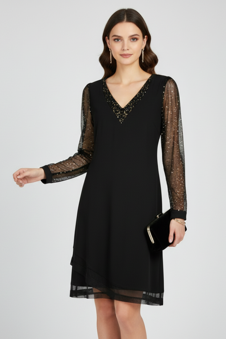 Helisse | Women’s Sequin Cocktail Dress – Plunge V-Neck Long Sleeve Party Dress