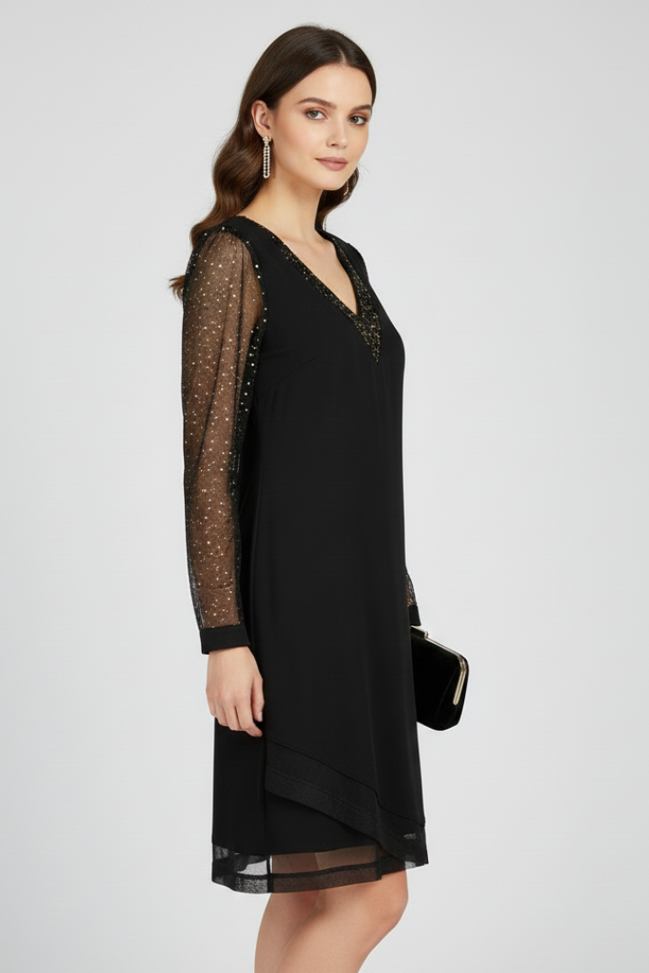 Helisse | Women’s Sequin Cocktail Dress – Plunge V-Neck Long Sleeve Party Dress