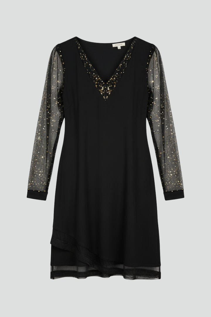 Helisse | Women’s Sequin Cocktail Dress – Plunge V-Neck Long Sleeve Party Dress