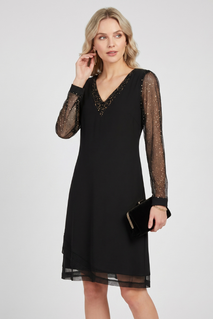 Helisse | Women’s Sequin Cocktail Dress – Plunge V-Neck Long Sleeve Party Dress