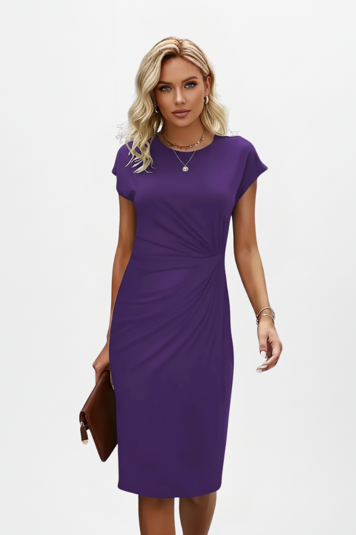 Helya | Women’s Round Neck Knee-Length Dress – Ruched Waist Fitted Cap Sleeve Dress