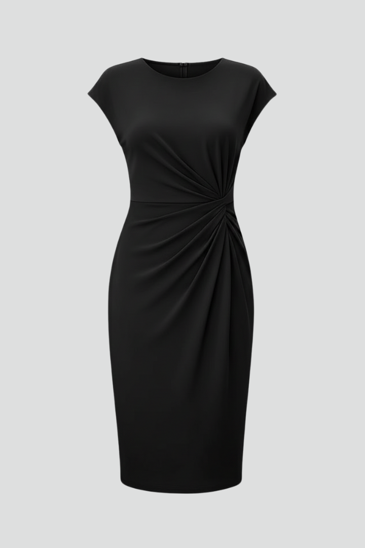 Helya | Women’s Round Neck Knee-Length Dress – Ruched Waist Fitted Cap Sleeve Dress