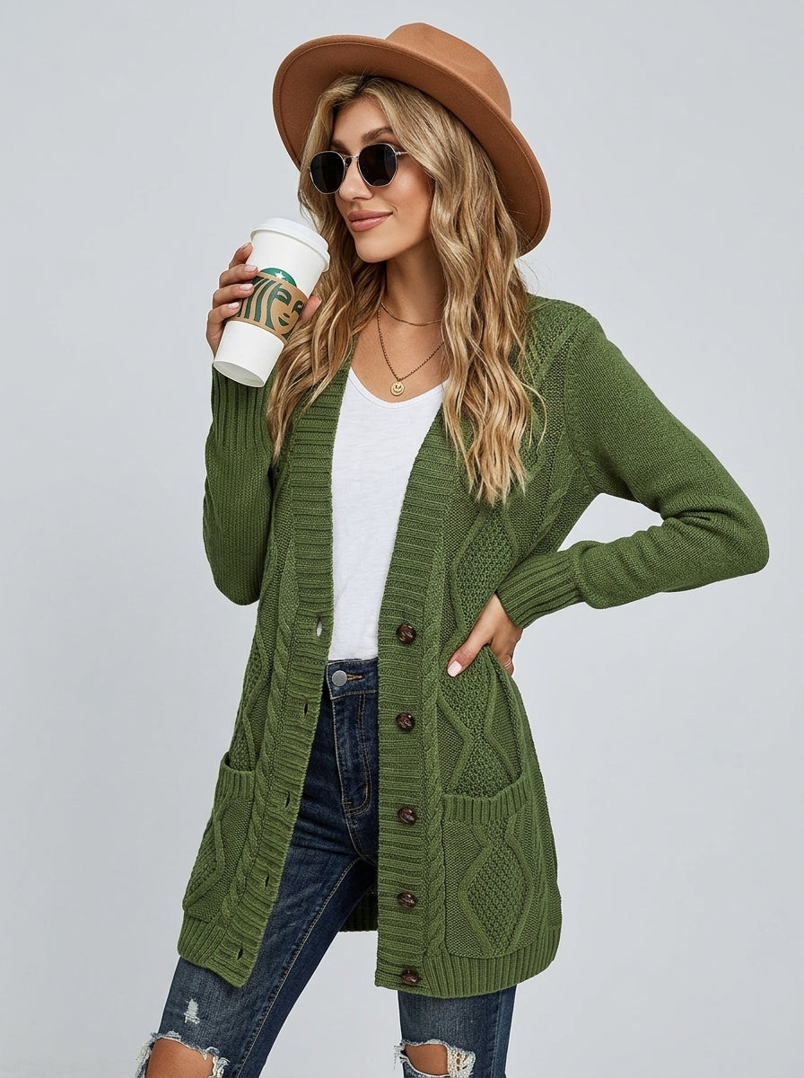 Hestia | Women's Gray Textured Knit Cardigan – V-Neck Button Front, Long Sleeves & Pockets