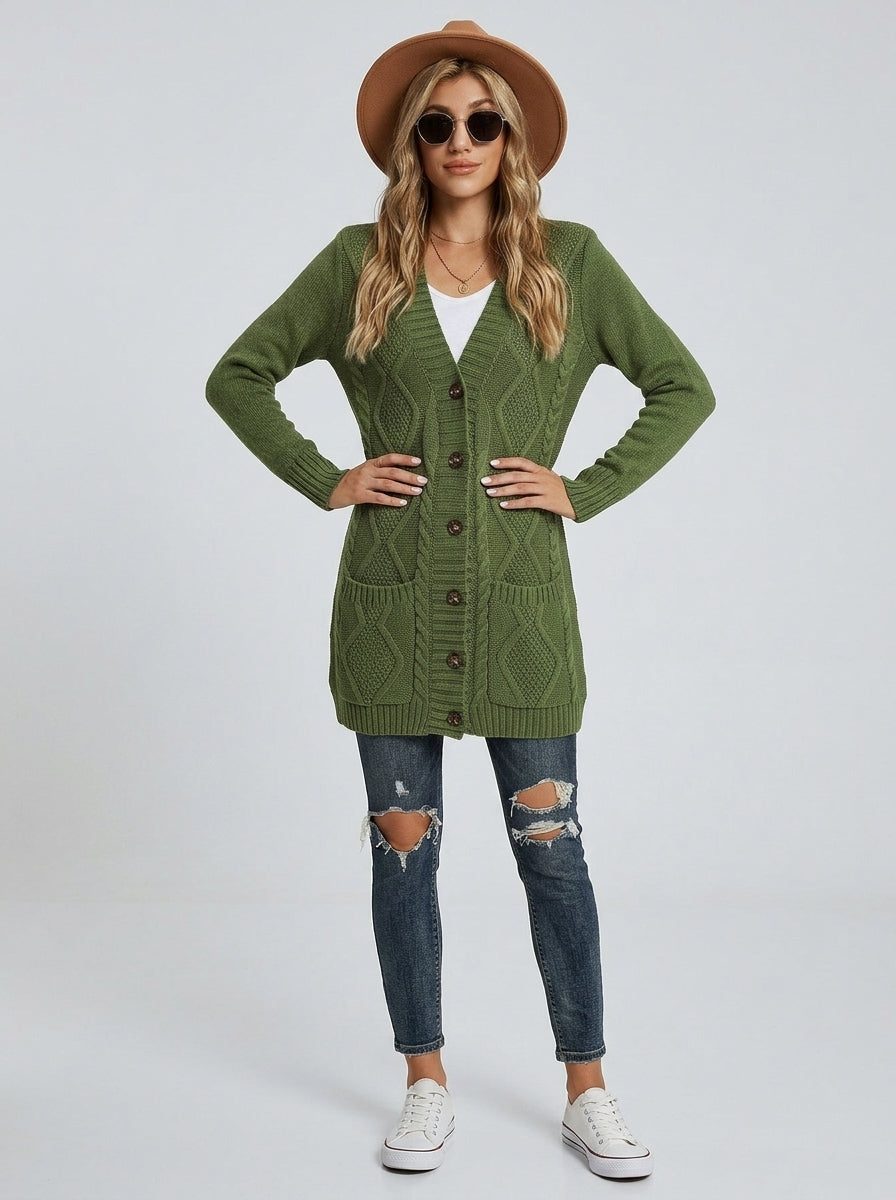 Hestia | Women's Gray Textured Knit Cardigan – V-Neck Button Front, Long Sleeves & Pockets