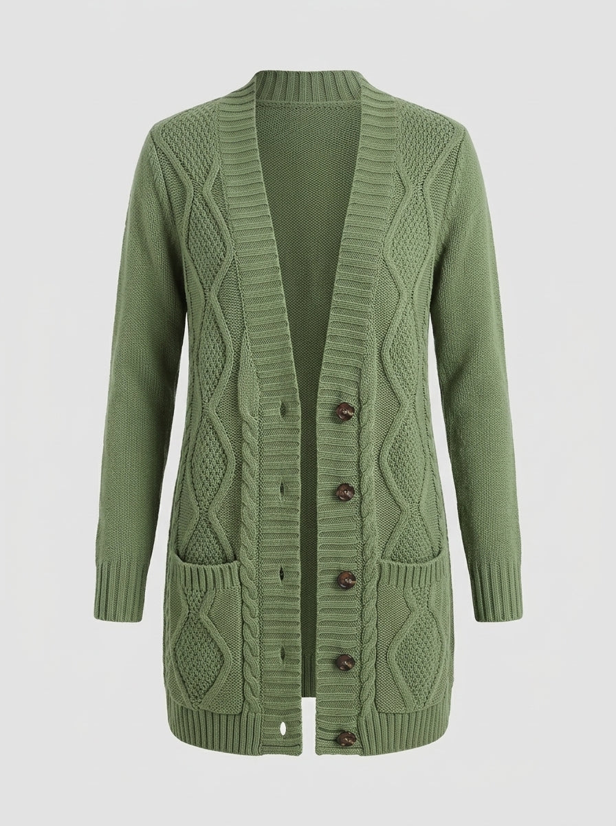 Hestia | Women's Gray Textured Knit Cardigan – V-Neck Button Front, Long Sleeves & Pockets