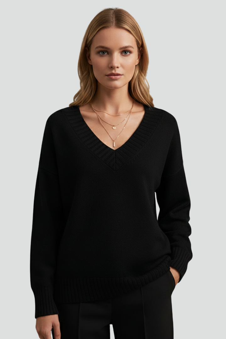 Honoria | Women’s V-Neck Jumper – Loose Fit Knit Sweater with Ribbed Cuffs