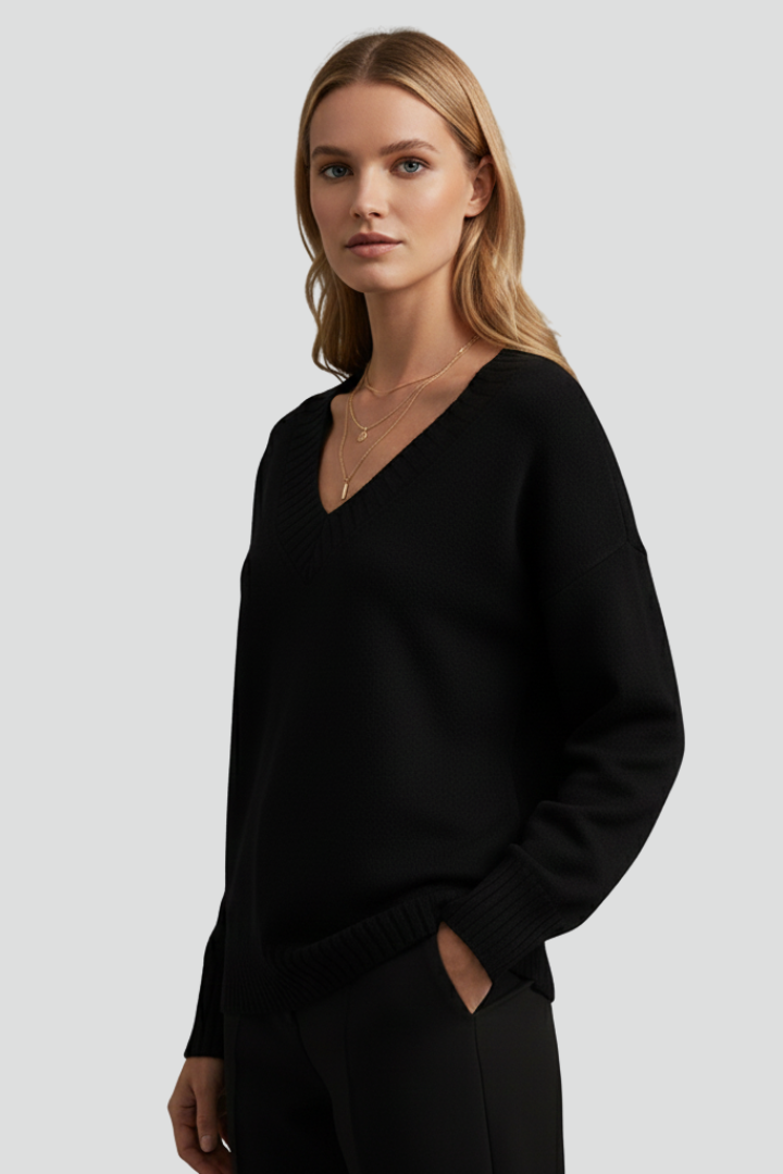 Honoria | Women’s V-Neck Jumper – Loose Fit Knit Sweater with Ribbed Cuffs