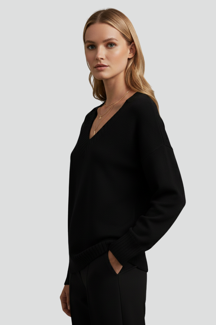 Honoria | Women’s V-Neck Jumper – Loose Fit Knit Sweater with Ribbed Cuffs